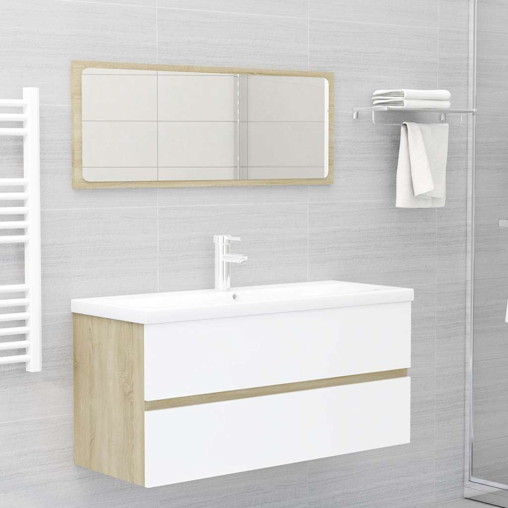 Set Mobili da Bagno 2 pz Bianco e Sonoma in Legno Multistrato