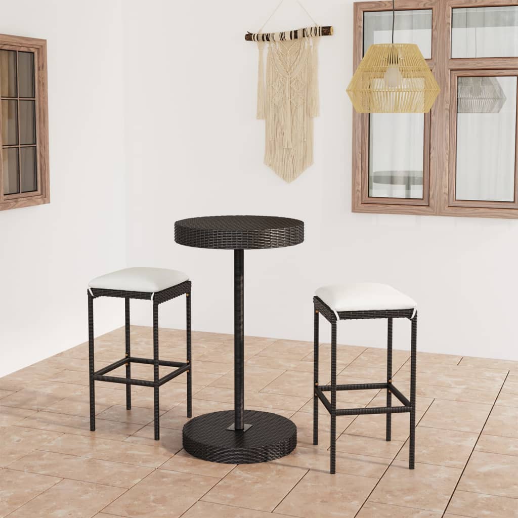 Set Bar da Giardino 3 pz con Cuscini Polyrattan Nero