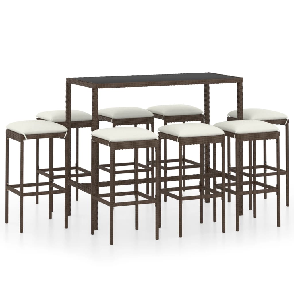 Set da Bar da Giardino 9 pz con Cuscini in Polyrattan Marrone