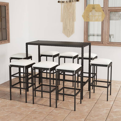 Set Bar da Giardino 9 pz con Cuscini in Polyrattan Nero