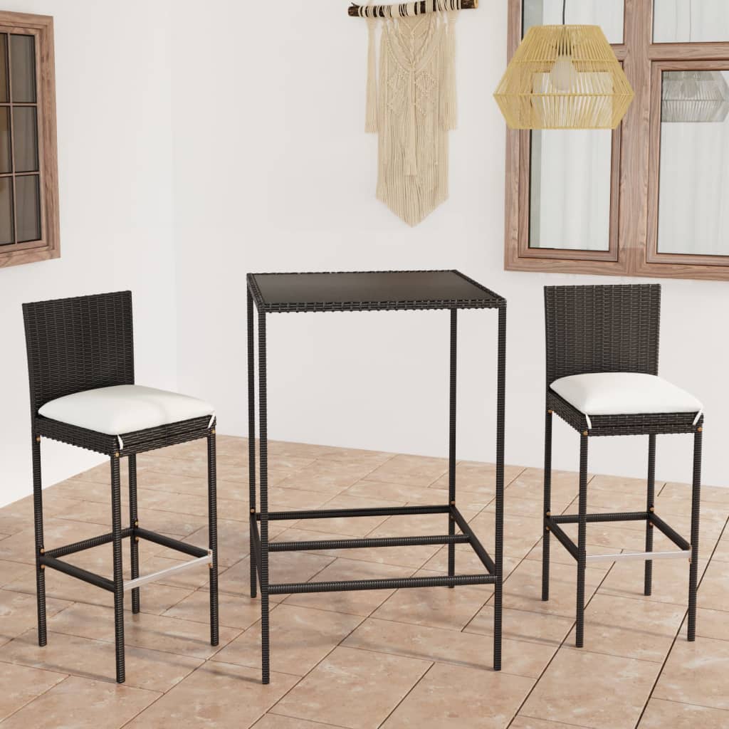 Set Bar da Giardino 3 pz con Cuscini in Polyrattan Nero