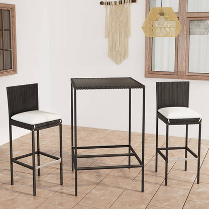Set Bar da Giardino 3 pz con Cuscini in Polyrattan Nero