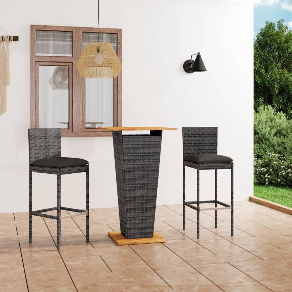 Set Bar da Giardino 3 pz con Cuscini in Polyrattan Grigio