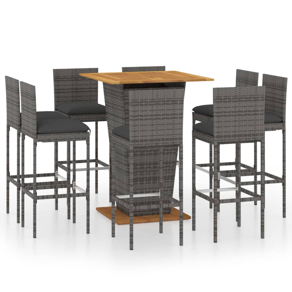 Set da Bar per Giardino 9 pz con Cuscini in Polyrattan Grigio