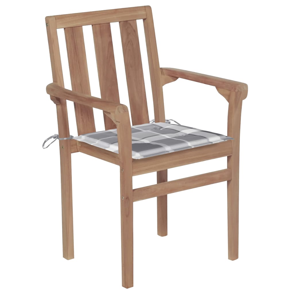 Sedie Giardino 2 pz con Cuscino Grigio a Quadri Massello di Teak