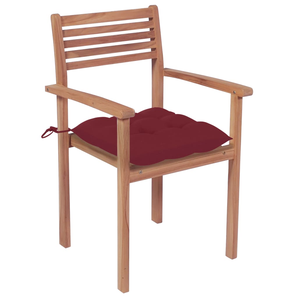 Sedie da Giardino 4 pz con Cuscini Rosso Vino Massello di Teak