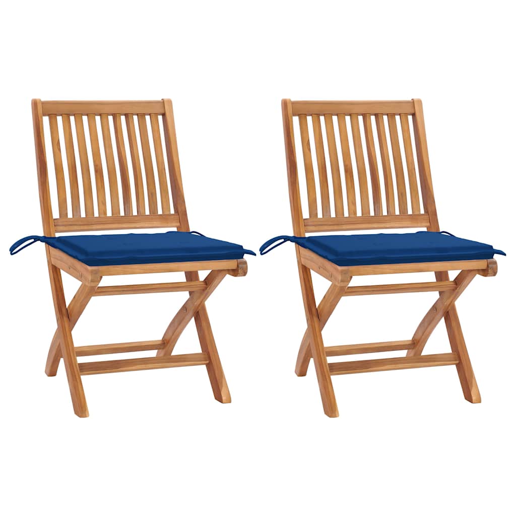 Sedie da Giardino 2 pz con Cuscini Blu Reale Massello di Teak