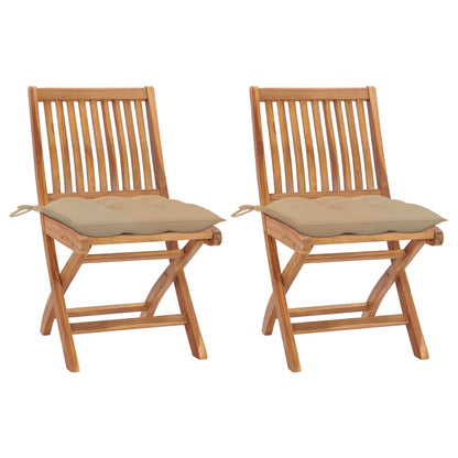 Sedie da Giardino 2 pz con Cuscini Beige in Teak Massello