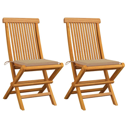 Sedie da Giardino con Cuscini Beige 2 pz in Massello di Teak