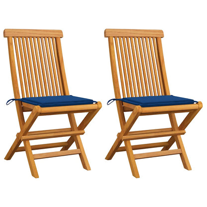 Sedie da Giardino con Cuscini Blu Reale 2 pz Massello di Teak