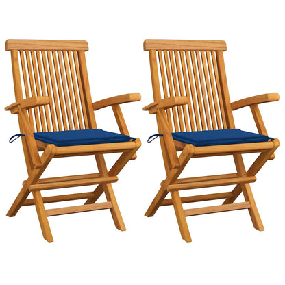 Sedie da Giardino con Cuscini Blu Reale 2pz Legno Massello Teak