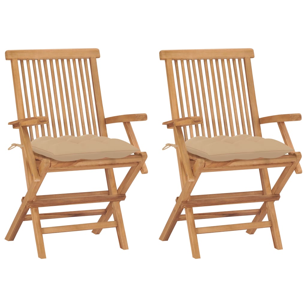 Sedie da Giardino 2 pz con Cuscini Beige Legno Massello di Teak