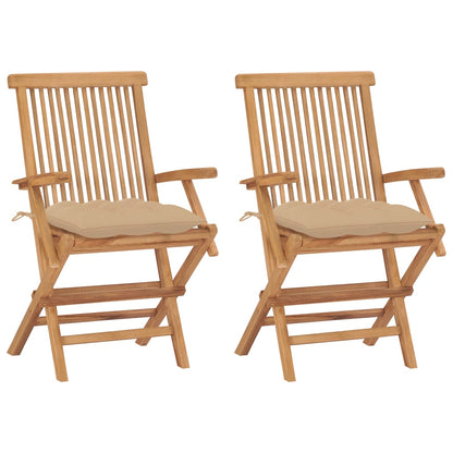 Sedie da Giardino 2 pz con Cuscini Beige Legno Massello di Teak
