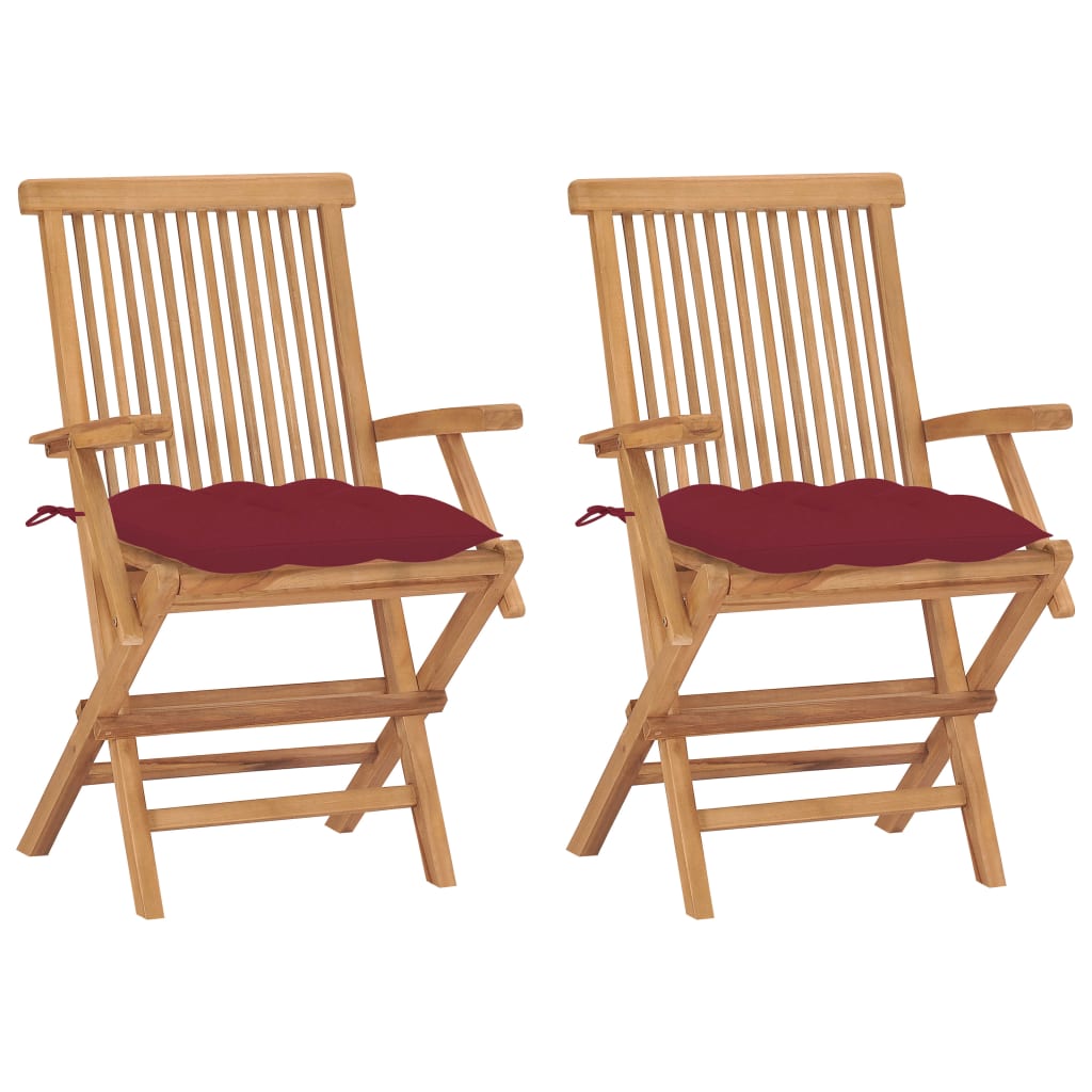 Sedie Giardino 2 pz con Cuscini Rosso Vino Legno Massello Teak