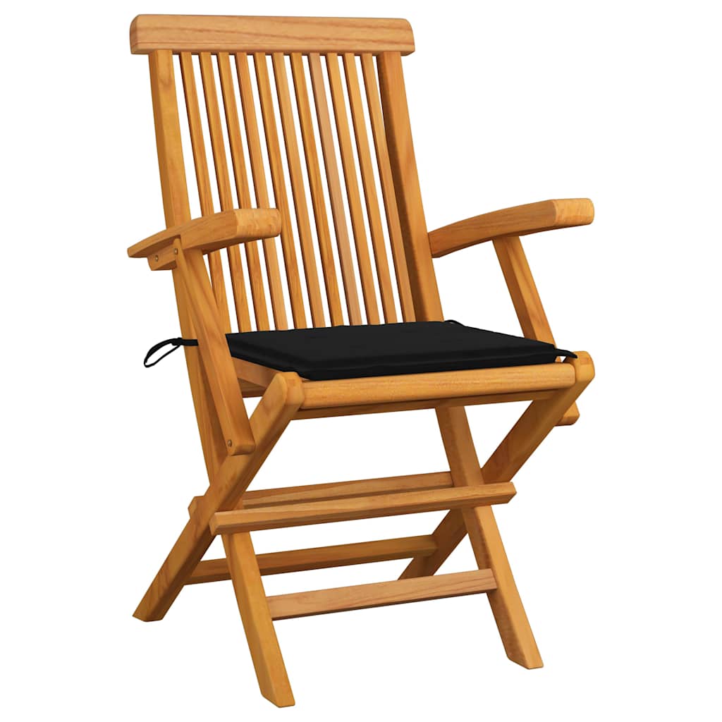 Sedie da Giardino con Cuscini Neri 3pz Legno Massello di Teak