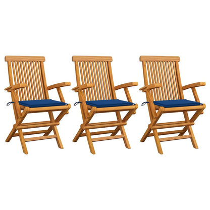 Sedie da Giardino con Cuscini Blu Reale 3pz Legno Massello Teak