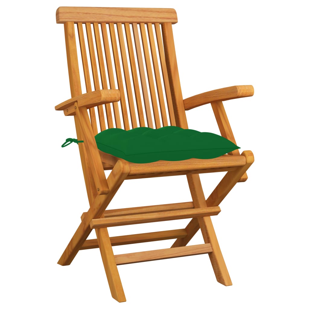Sedie da Giardino con Cuscini Verdi 3pz Legno Massello di Teak