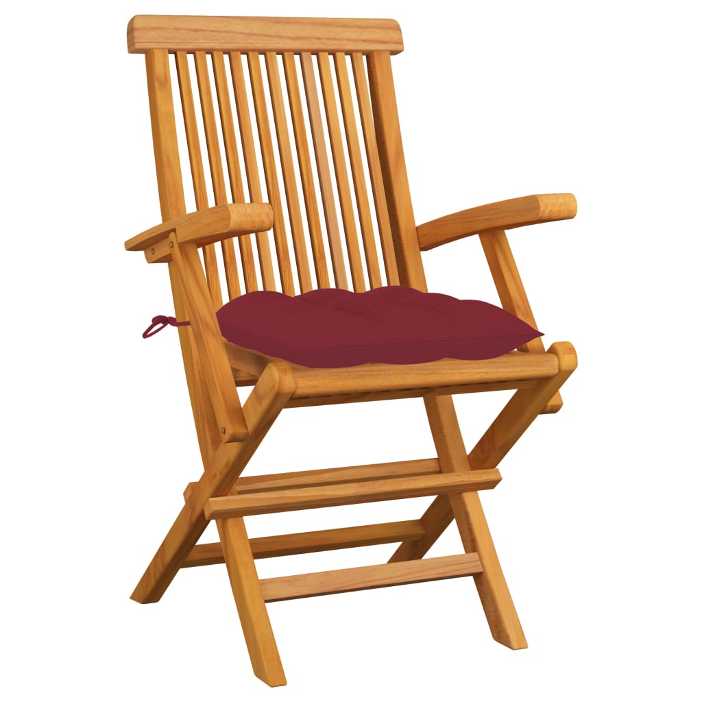 Sedie Giardino con Cuscini Rosso Vino 3 pz Legno Massello Teak