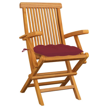 Sedie Giardino con Cuscini Rosso Vino 3 pz Legno Massello Teak