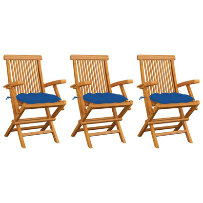 Sedie da Giardino con Cuscini Blu 3 pz Legno Massello di Teak