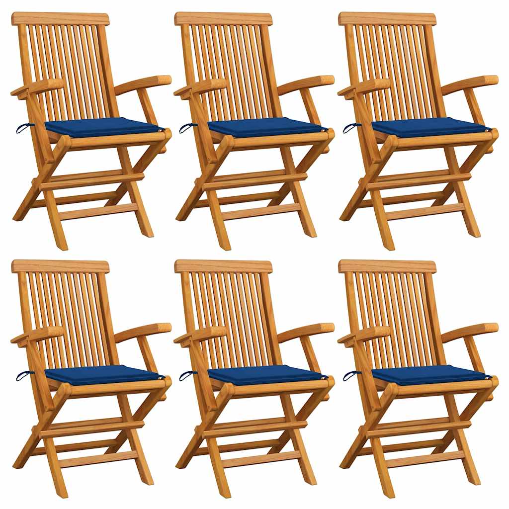 Sedie da Giardino con Cuscini Blu Reale 6pz Legno Massello Teak