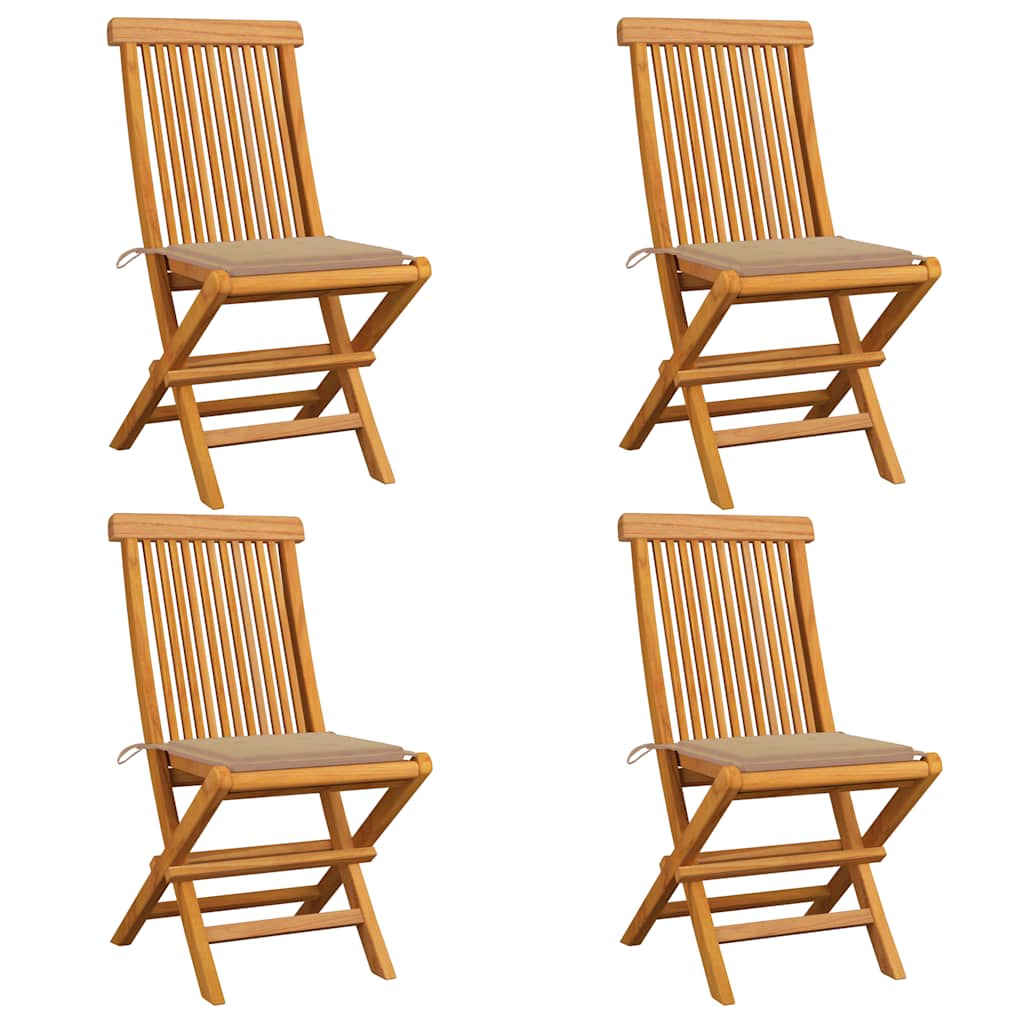 Sedie da Giardino con Cuscini Beige 4 pz Massello di Teak