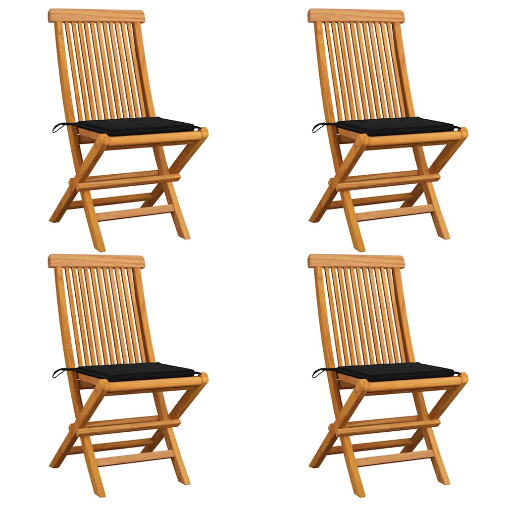 Sedie da Giardino con Cuscini Neri 4 pz Massello di Teak