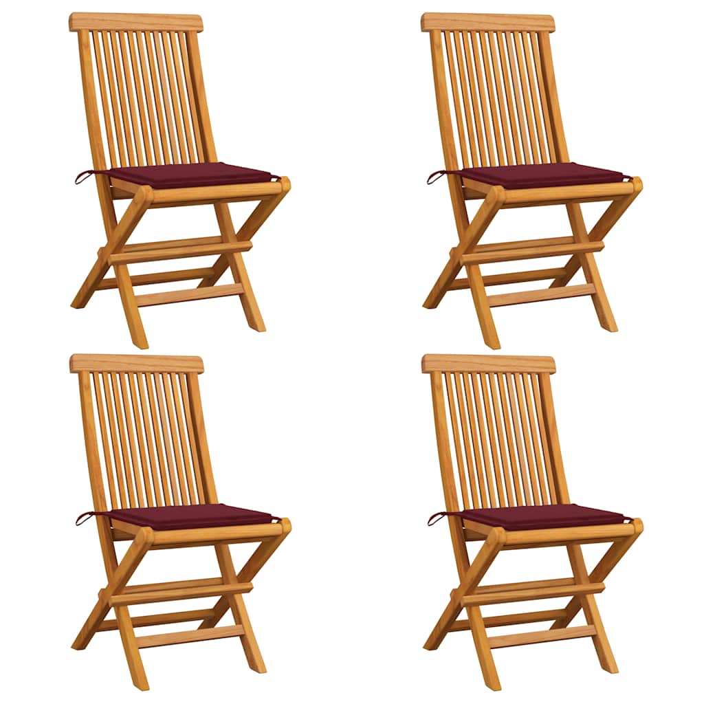 Sedie da Giardino con Cuscini Rosso Vino 4 pz Massello di Teak