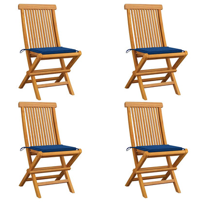 Sedie da Giardino con Cuscini Blu Reale 4 pz Massello di Teak