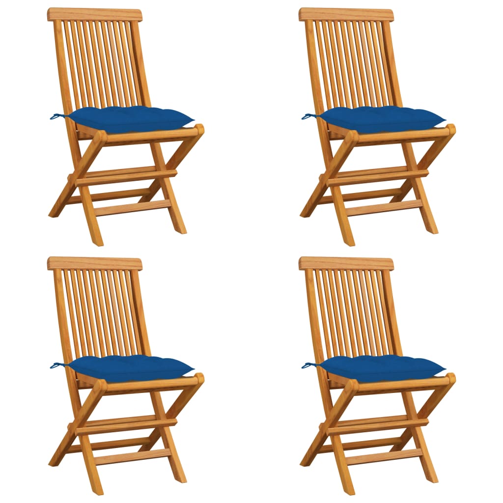 Sedie da Giardino con Cuscini Blu 4 pz Massello di Teak