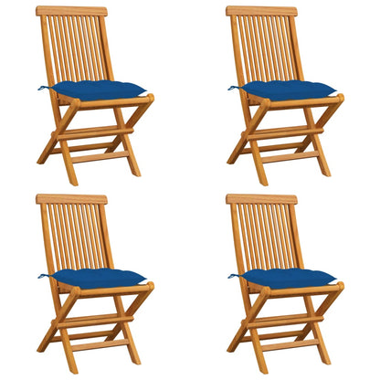 Sedie da Giardino con Cuscini Blu 4 pz Massello di Teak