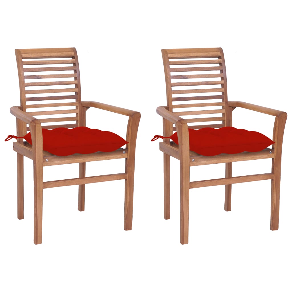 Sedie da Pranzo 2 pz con Cuscini Rossi in Massello di Teak