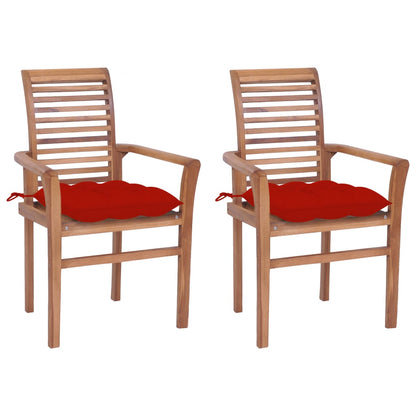 Sedie da Pranzo 2 pz con Cuscini Rossi in Massello di Teak