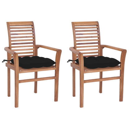 Sedie da Pranzo 2 pz con Cuscini Neri in Massello di Teak