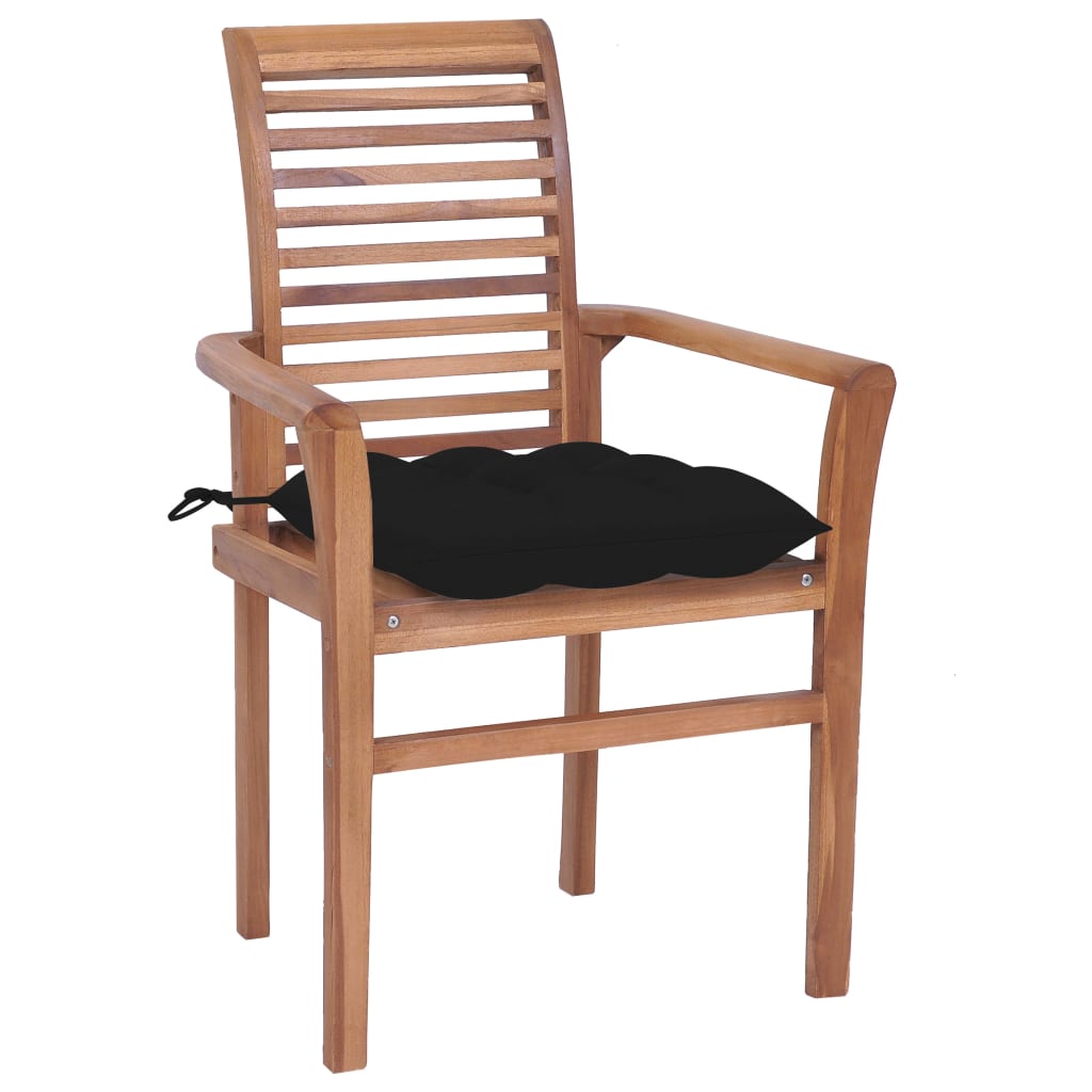 Sedie da Pranzo 2 pz con Cuscini Neri in Massello di Teak