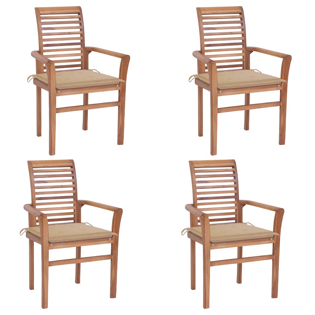 Sedie da Pranzo 4 pz con Cuscini Beige in Massello di Teak