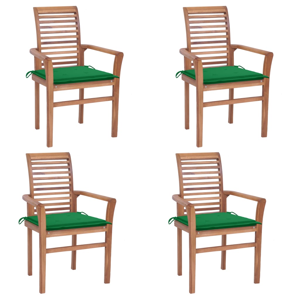 Sedie da Pranzo 4 pz con Cuscini Verdi in Massello di Teak