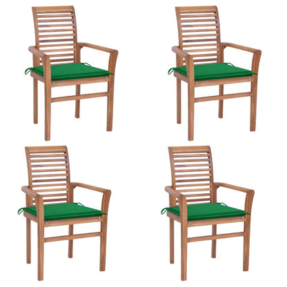 Sedie da Pranzo 4 pz con Cuscini Verdi in Massello di Teak