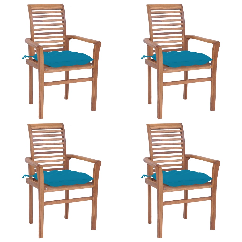 Sedie da Pranzo 4 pz con Cuscini Azzurro in Massello di Teak