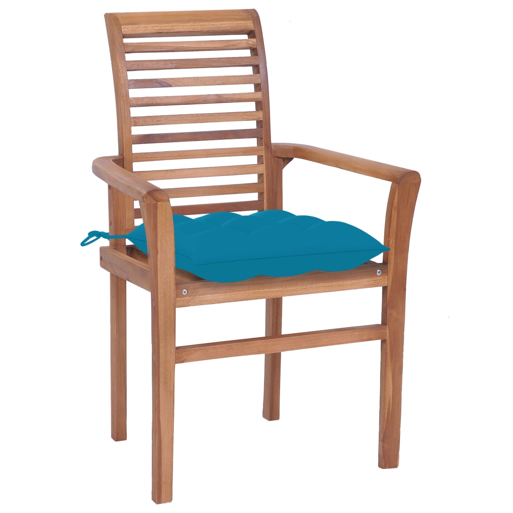 Sedie da Pranzo 4 pz con Cuscini Azzurro in Massello di Teak