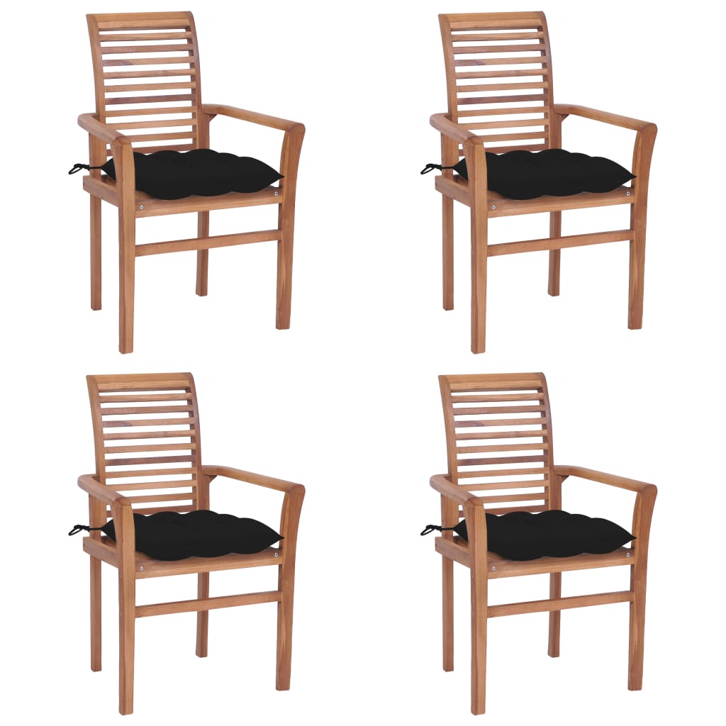 Sedie da Pranzo 4 pz con Cuscini Neri in Massello di Teak