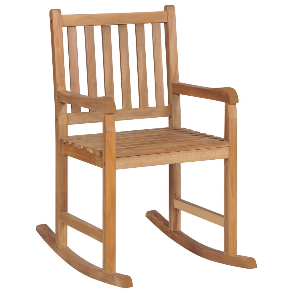 Sedia a Dondolo con Cuscino Grigio a Quadri in Massello di Teak