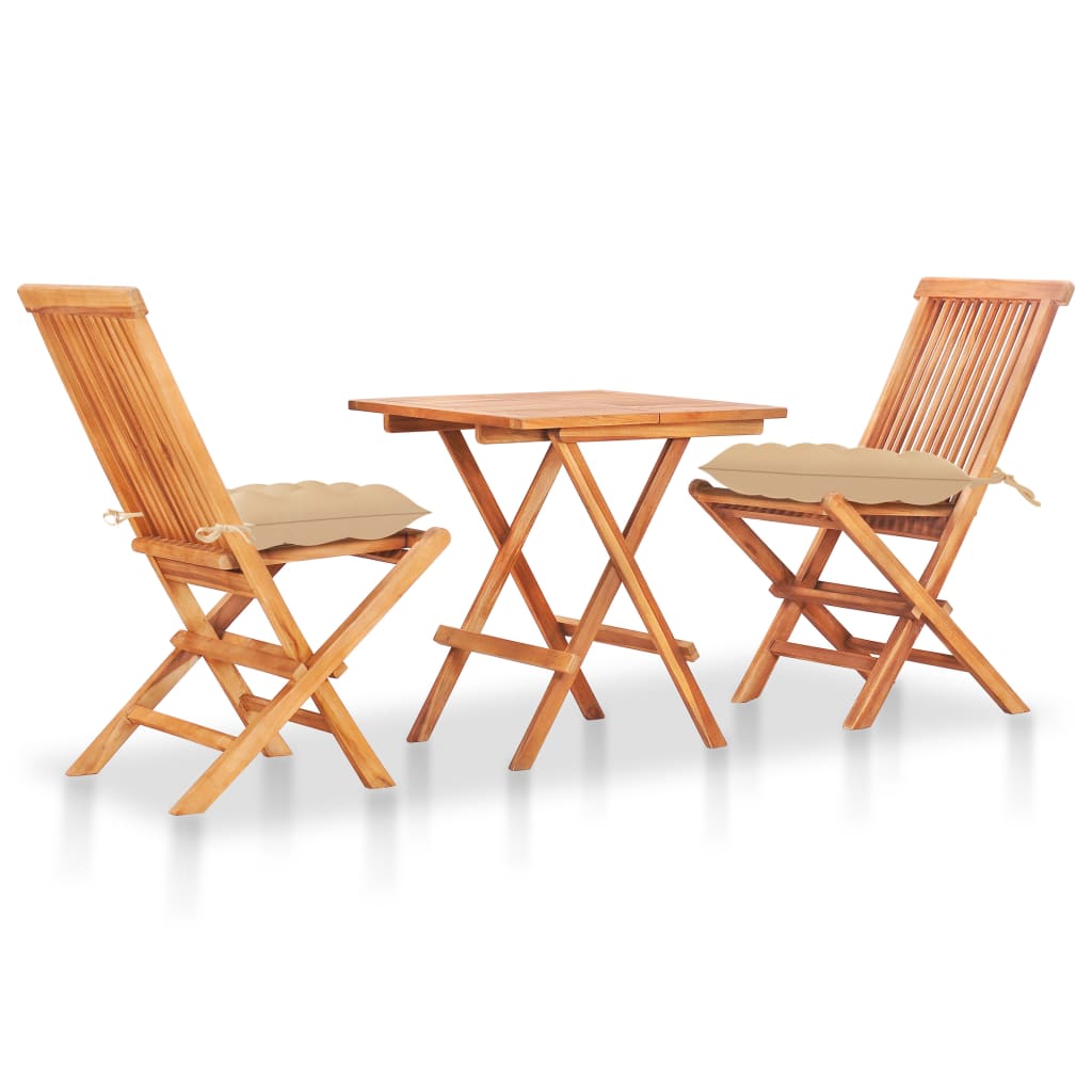 Set da Bistrot 3 pz con Cuscini Beige in Legno Massello di Teak