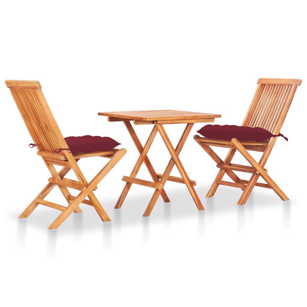 Set da Bistrot 3 pz con Cuscini Rosso Vino in Massello di Teak