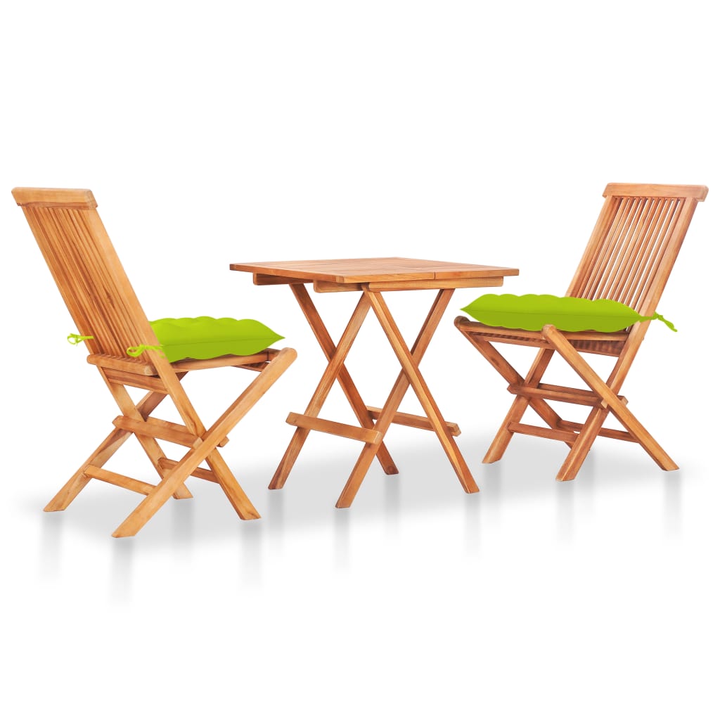 Set da Bistrot 3 pz con Cuscini Verde Brillante Legno di Teak