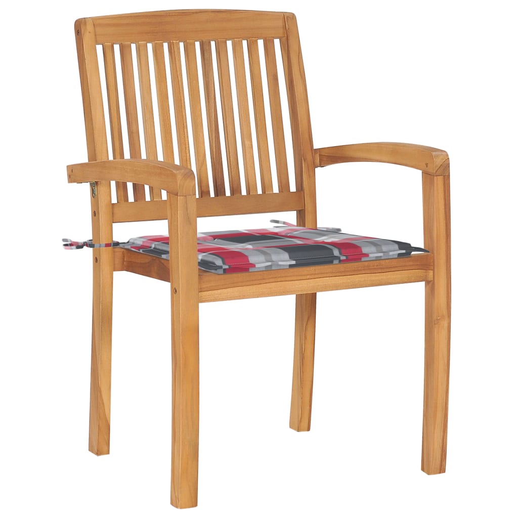 Sedie Giardino 2 pz con Cuscino Rosso a Quadri Massello di Teak