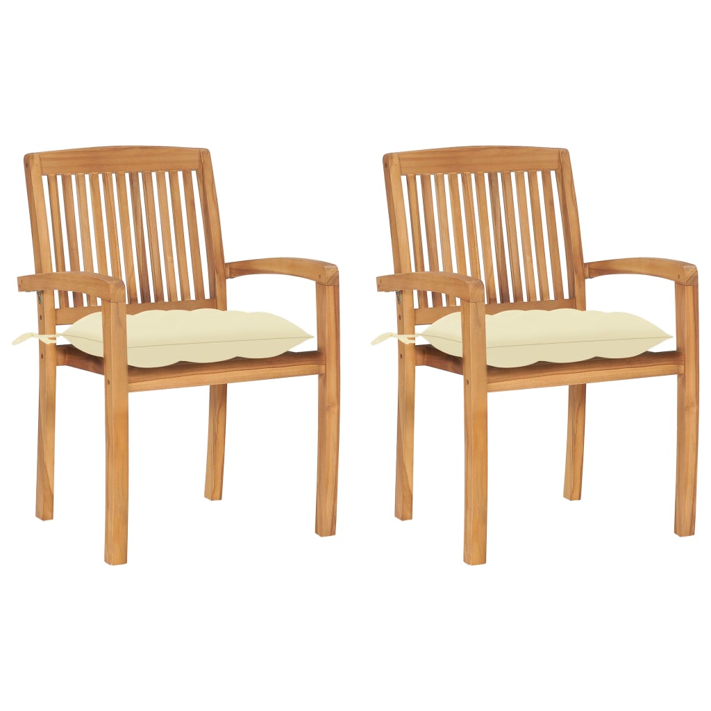 Sedie da Giardino 2pz con Cuscini Bianco Crema in Teak Massello