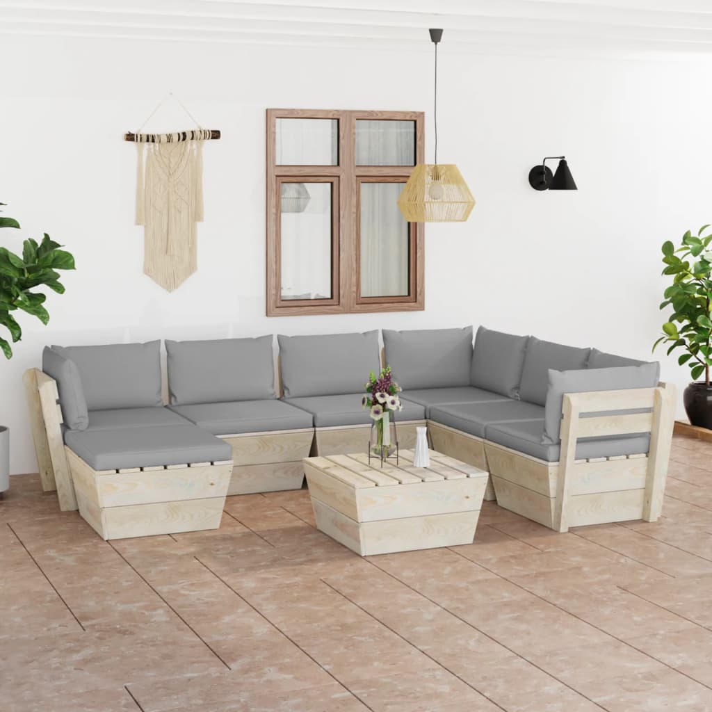 Set Divani da Giardino su Pallet 8 pz con Cuscini Legno Abete