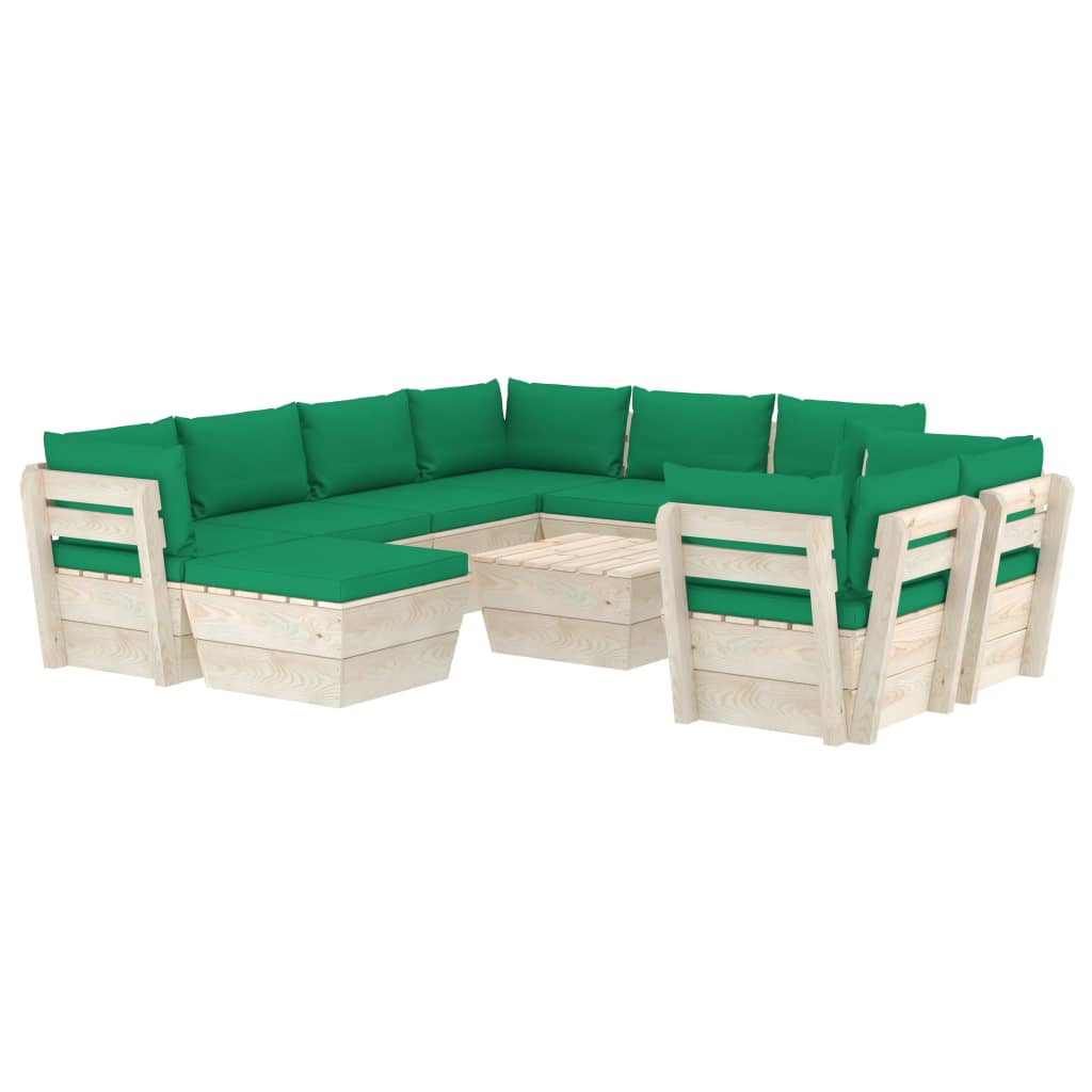 Set Divani da Giardino su Pallet 10 pz con Cuscini Legno Abete