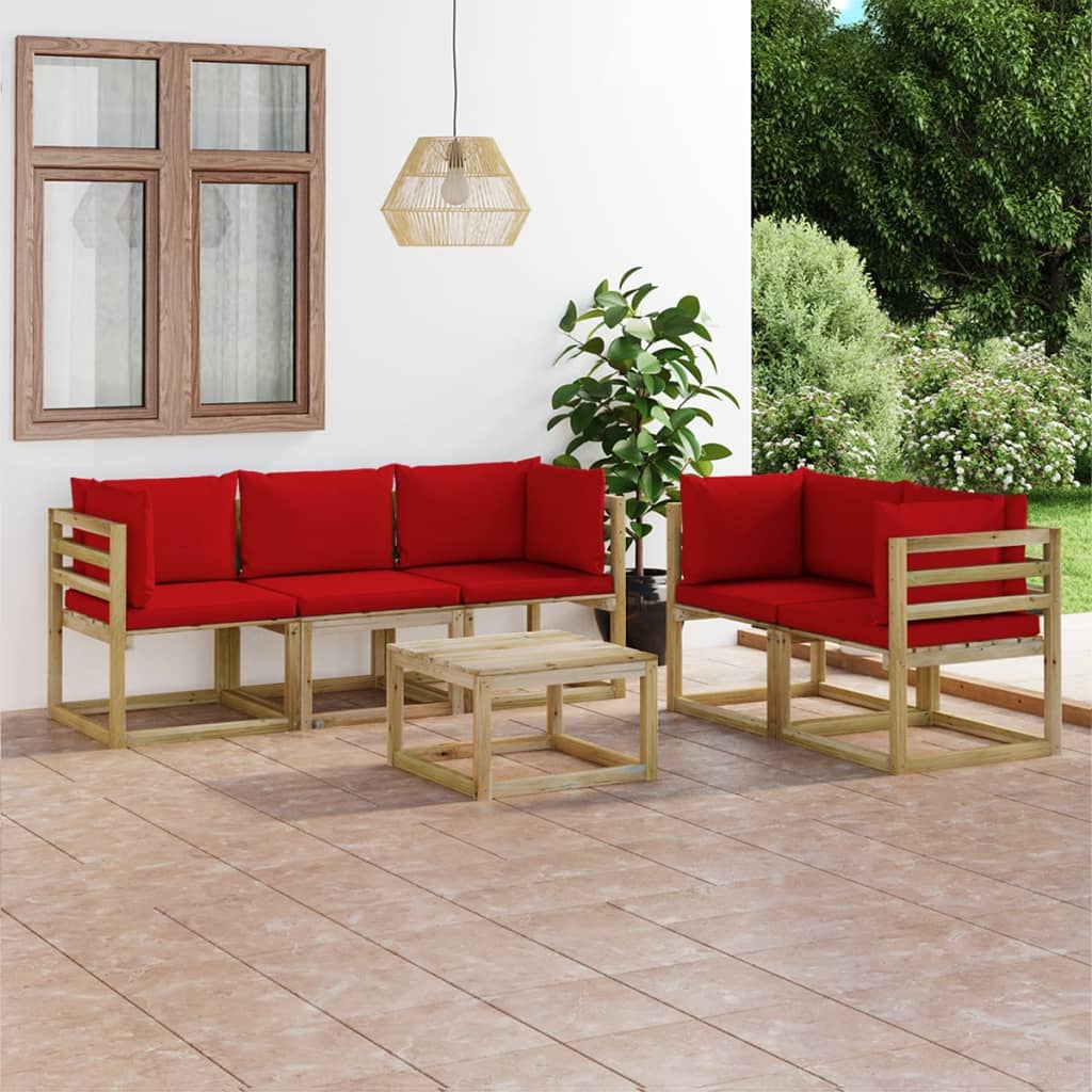 Set Salotto da Giardino 6 pz con Cuscini Rossi